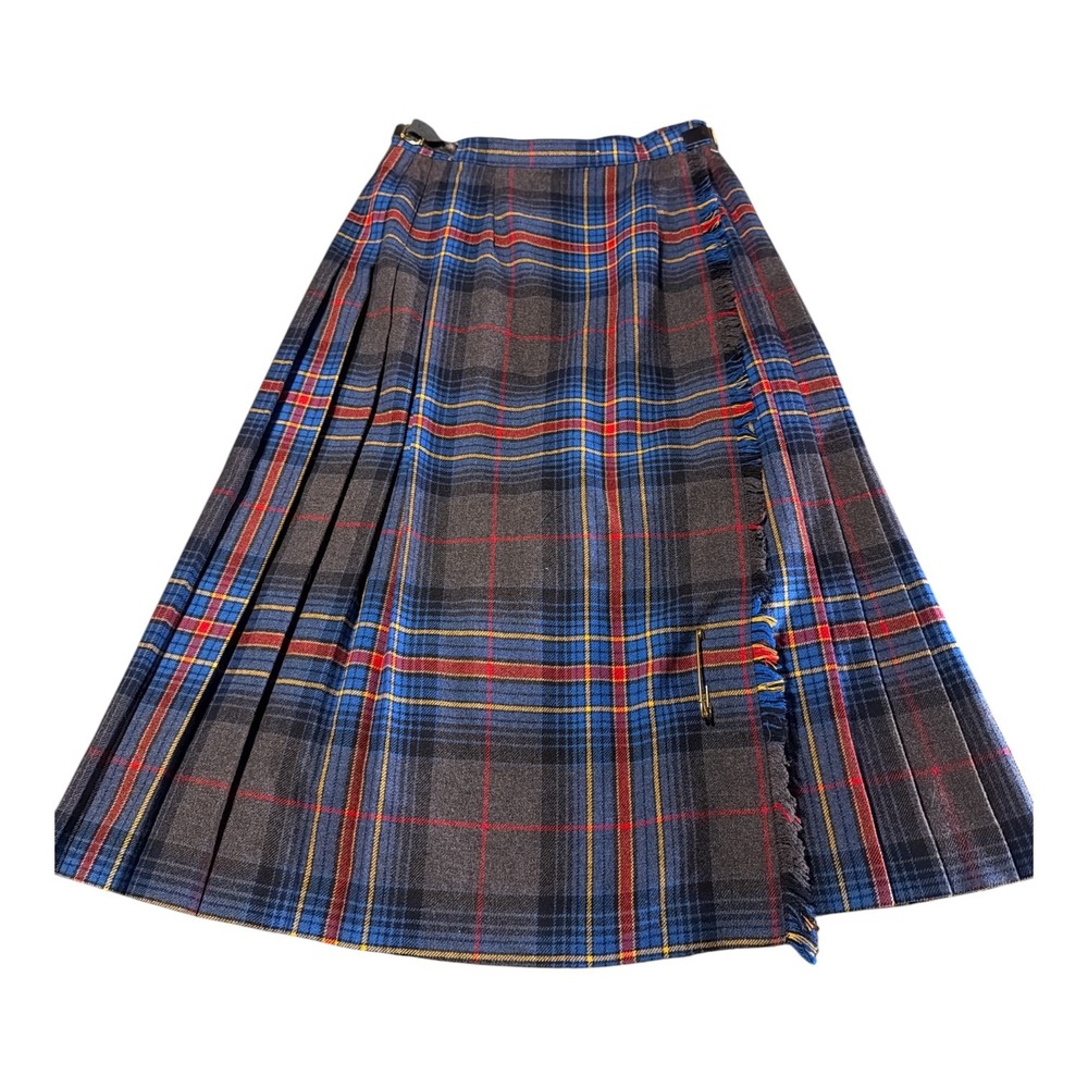 Vintage Crazy Horse Wool Blend Plaid Pleated Kilt Skirt Blue Gray Made in Italy